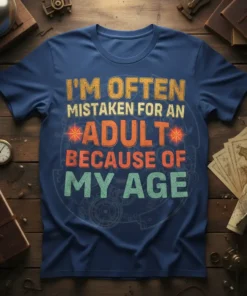 I'm Often Mistaken For An Adult Because Of My Age humorous quote on a blue t-shirt