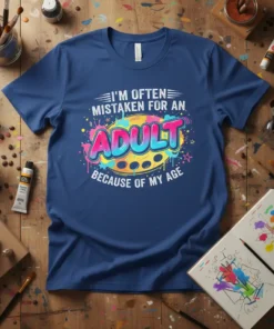 T-shirt with "I'm Often Mistaken For An Adult Because Of My Age" quote in colorful graffiti style font