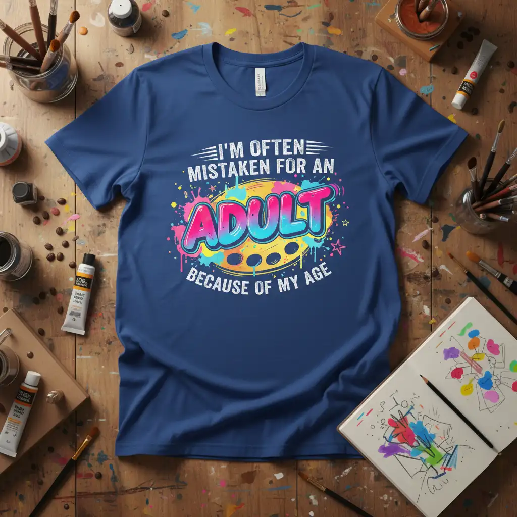 I'm Often Mistaken For An Adult Because Of My Age quote in bold, colorful graffiti lettering on a dark blue tee