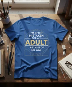 I'm Often Mistaken For An Adult Because Of My Age quote on a blue t-shirt, featuring gold geometric design elements