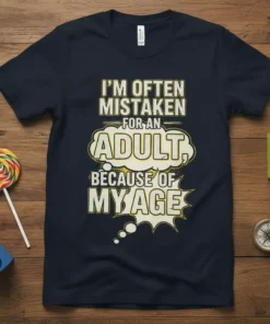 Navy t-shirt with the quote "I'm Often Mistaken For An Adult, Because Of My Age" in bold, retro comic-style lettering