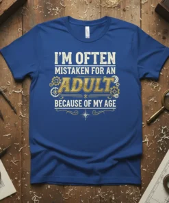 I'm Often Mistaken For An Adult Because Of My Age quote t-shirt with vintage gears graphic