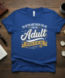 Blue t-shirt with white and yellow text "I'm often mistaken for an adult because of my age" in a fun