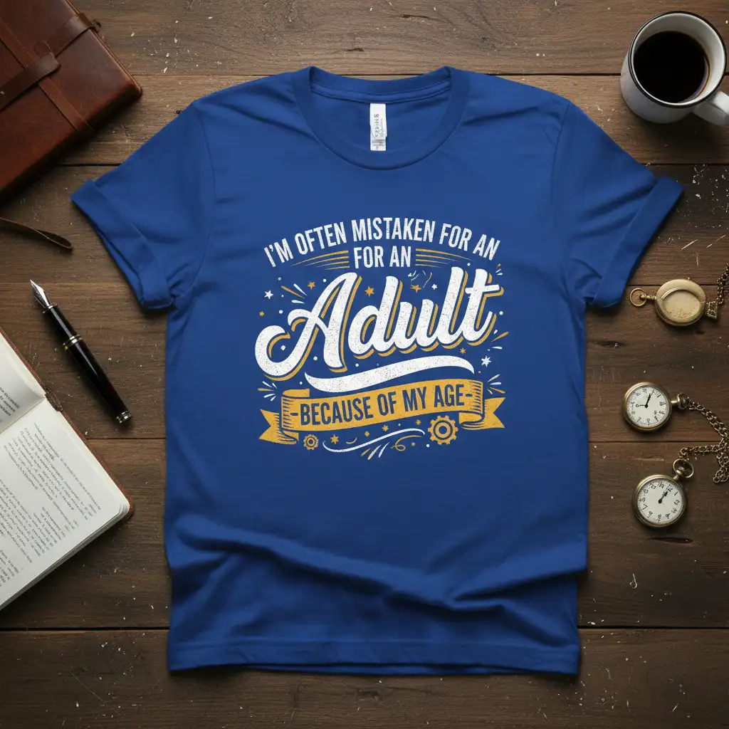 I'm Often Mistaken for an Adult Because of My Age quote on a blue t-shirt design, featuring playful typography and celebratory elements