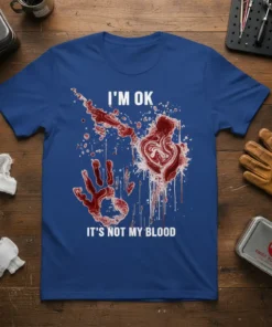 T-shirt with "I'm Ok It's Not My Blood" text, featuring a bloody handprint and splatter graphic