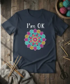I'm OK t-shirt with a colorful mandala design made of yarn balls and crochet hooks, navy blue tee