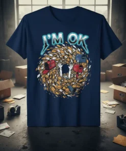I'M OK t-shirt design featuring a mail carrier buried in mail and mailboxes, with humorous text