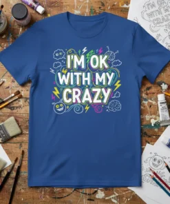 Blue t-shirt with "I'm OK With My Crazy" in colorful, bold lettering and whimsical graphics like lightning bolts and clouds