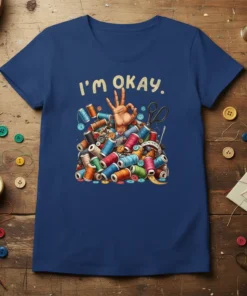 I'm Okay. text with a pile of colorful sewing threads, buttons, scissors, and a hand giving the OK sign on