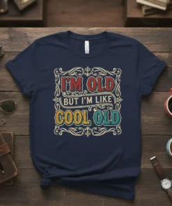 I'm Old But I'm Like Cool Old text design with vintage flair on a navy blue t-shirt