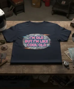 I'm Old But I'm Like Cool Old quote on a navy blue t-shirt with retro, circuit board-inspired graphics