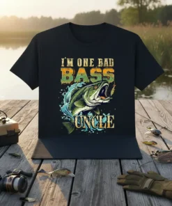 I'm One Bad Bass Uncle text with a leaping bass fish graphic on a black t-shirt, designed for fishing enthusiasts