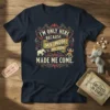 Navy t-shirt with "I'm Only Here Because My Mom Made Me Come" text in a circus font, featuring elephant and