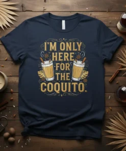 I'M ONLY HERE FOR THE COQUITO. text with two coquito drinks illustration on a navy blue t-shirt