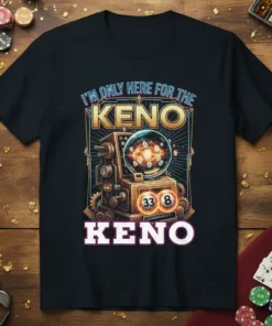 I'm Only Here For The Keno T-Shirt featuring a retro keno machine graphic and lottery balls