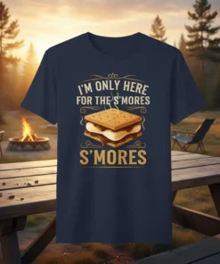 I'm Only Here For The S'mores S'mores text with a graphic of a s'more on a navy t-shirt, camping theme