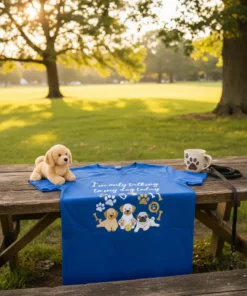 Blue t-shirt with white text "I'm only talking to my dog today" and graphics of three dogs and paw prints