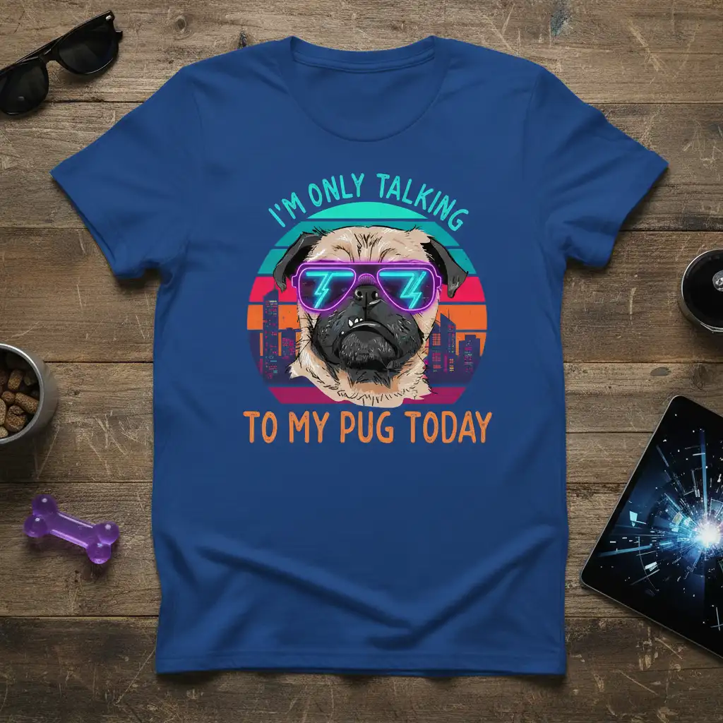 I'm Only Talking To My Pug Today quote with a cool pug graphic wearing neon sunglasses