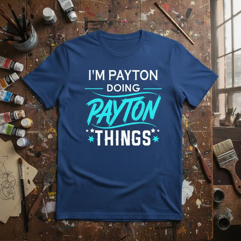 I'm Payton Doing Payton Things quote on a navy blue t-shirt with playful typography