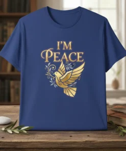 I'M PEACE t-shirt with a golden dove carrying an olive branch, symbolizing inner peace
