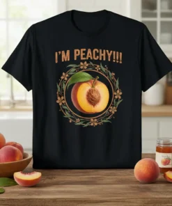 Black t-shirt with "I'M PEACHY!!!" text and a detailed graphic of a sliced peach surrounded by a floral and leaf