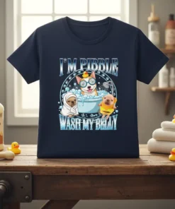 I'm Pibble Wash My Belly text with cute puppies in a bathtub graphic on a navy t-shirt