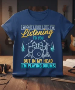 T-shirt featuring the quote "I Might Look Like I'm Listening To You But In My Head I'm Playing Drums" with