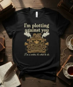 Black t-shirt with gold steampunk typewriter design and text "I'm plotting against you, I'm a writer, it's what to do."