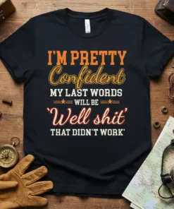 Black t-shirt with orange and yellow text reading "I'm Pretty Confident My Last Words Will Be 'Well shit' That Didn't