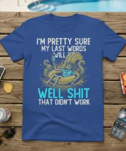 Skeleton floating on a pool float with text "I'm Pretty Sure My Last Words Will Be Well Shit That Didn't