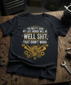 I'm Pretty Sure My Last Words Will Be Well Shit That Didn't Work quote on a black t-shirt with yellow