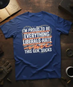 I'm Proud To Be Everything Liberals Hate This Gen. Sucks t-shirt with bold white and red lettering on a blue