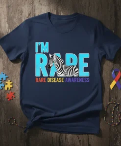 I'm Rare Rare Disease Awareness t-shirt featuring a zebra graphic and bold text