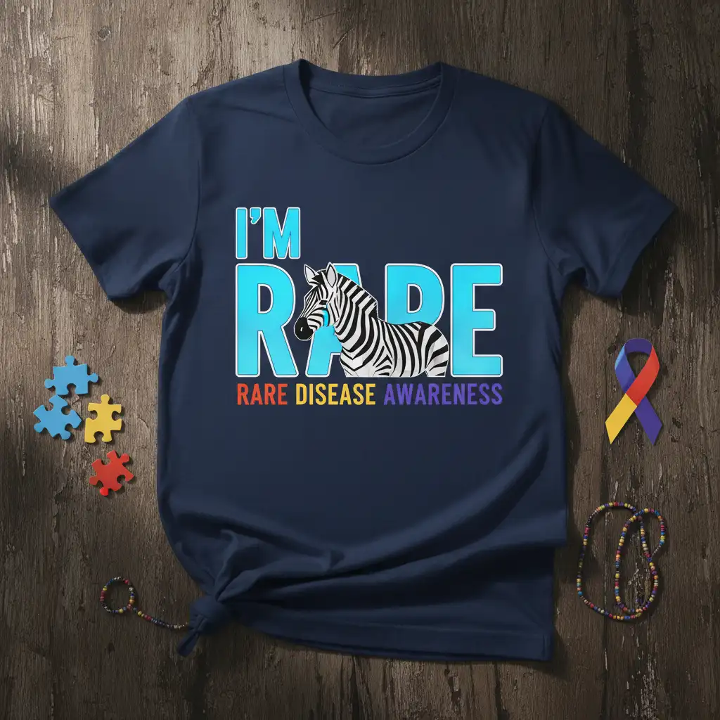 I'm Rare Rare Disease Awareness quote with a zebra illustration on a navy blue t-shirt