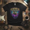 Black t-shirt with "I'm Rather Be Playing Guitar" text and electric guitars graphic