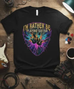 Black t-shirt with "I'm Rather Be Playing Guitar" text and electric guitars graphic