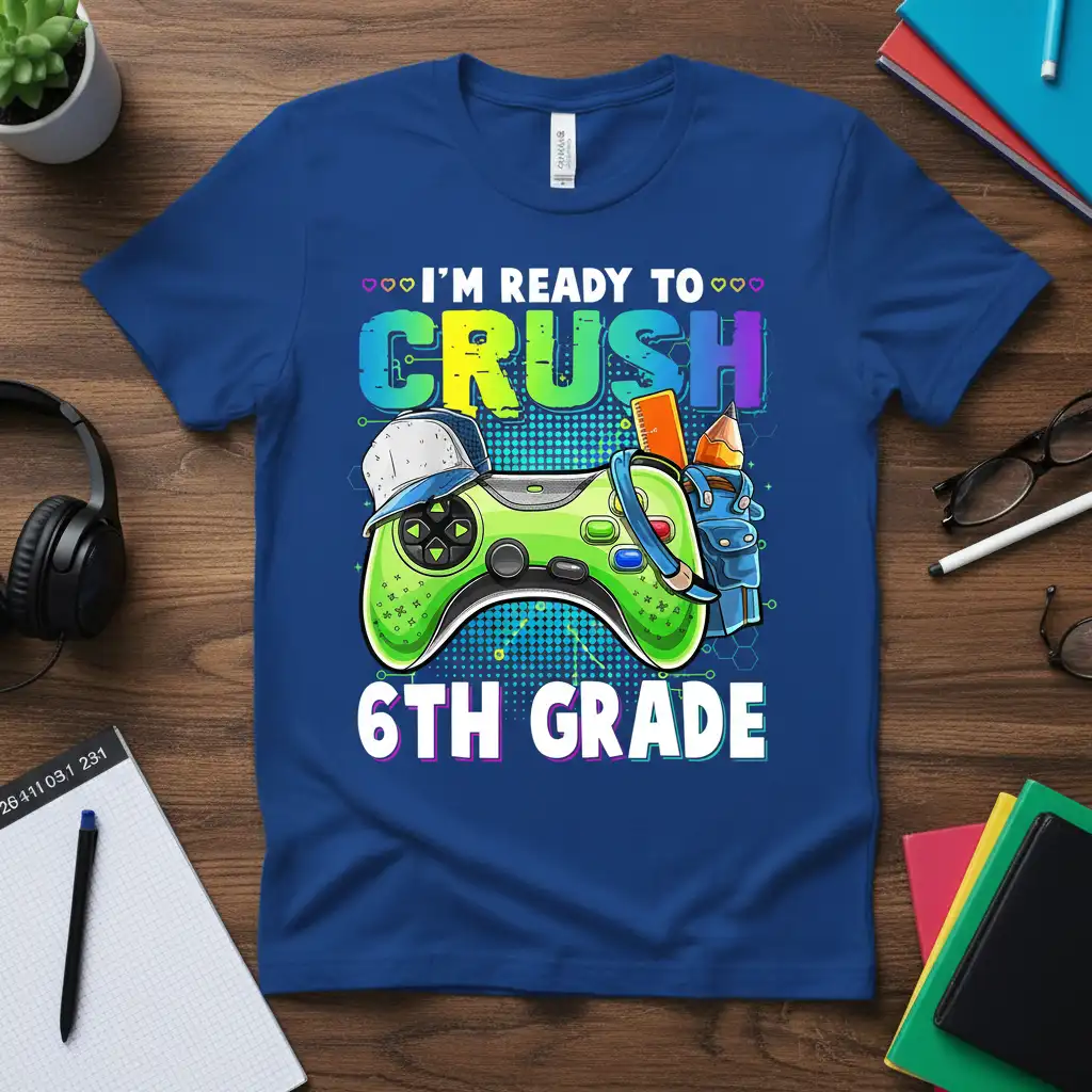 I'm Ready To Crush 6th Grade text with a video game controller and school supplies graphic on a t-shirt