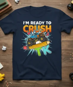 I'm Ready to Crush A TK text with a monster truck on a pencil, designed for back to school