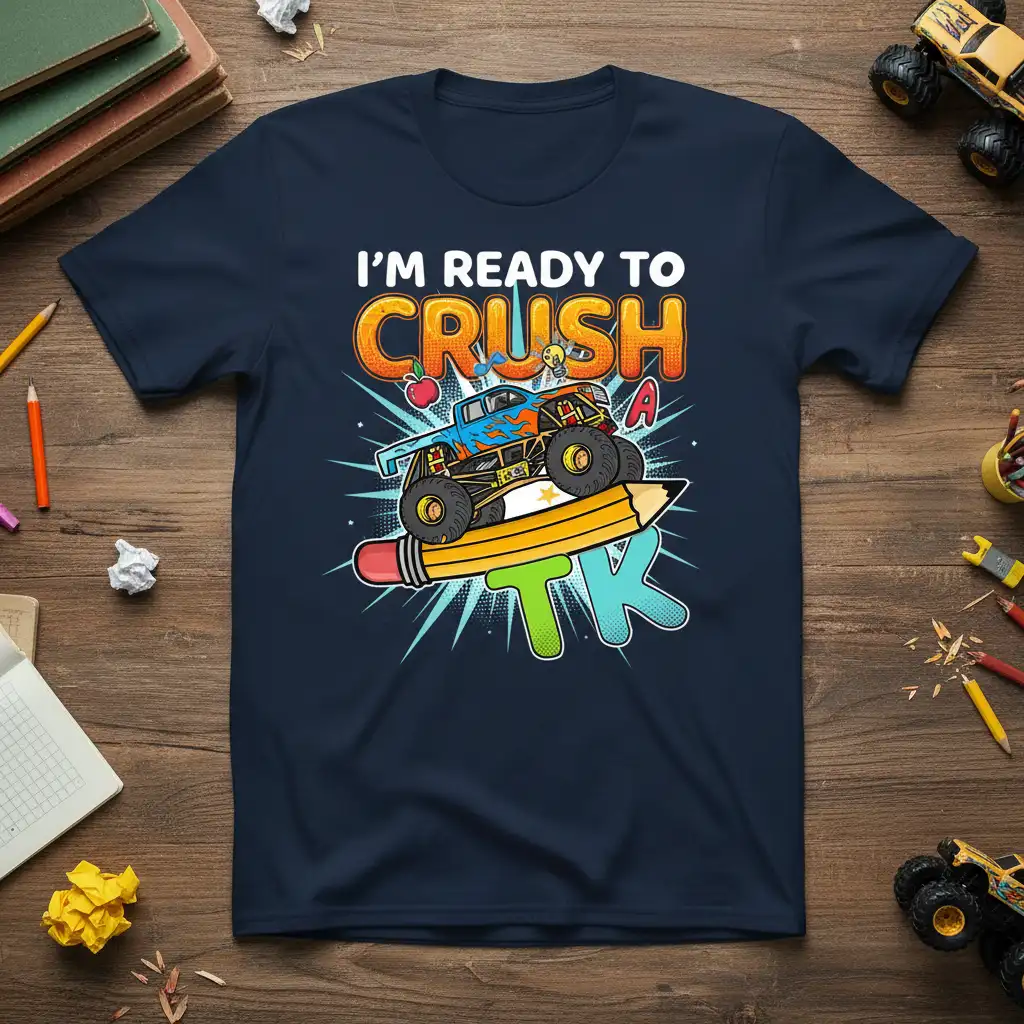 I'm Ready to Crush A TK text design featuring a monster truck on a pencil, perfect for kindergarten students