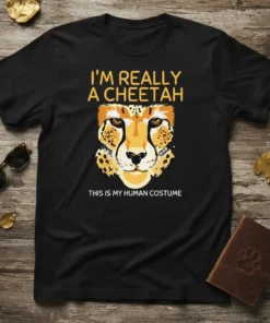 Cheetah face graphic with text "I'm Really A Cheetah This Is My Human Costume" on a black t-shirt