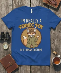 Funny fennec fox wearing a trench coat and hat, holding coffee, with text "I'm Really A Fennec Fox In A
