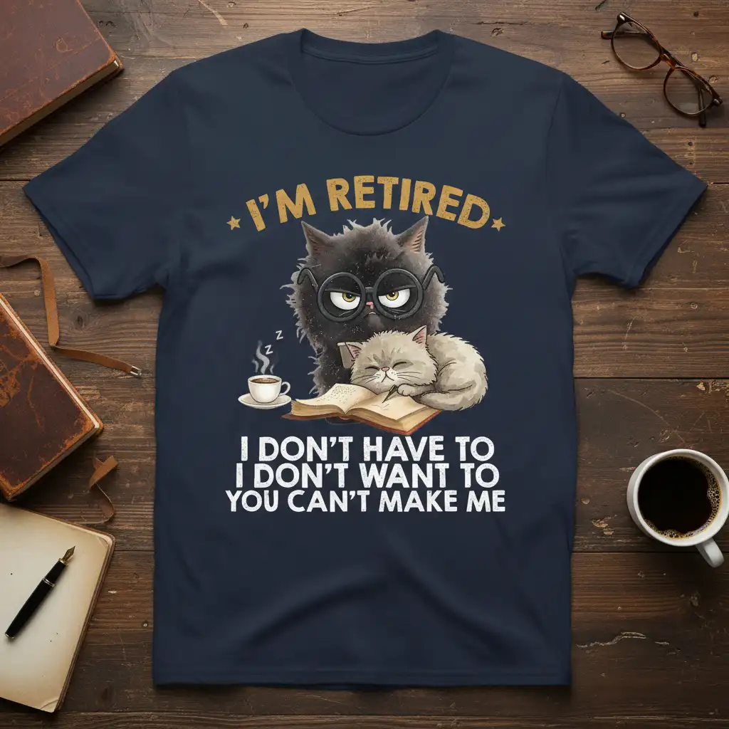 I'm Retired I Don't Have To I Don't Want To You Can't Make Me quote t-shirt design with cats and coffee
