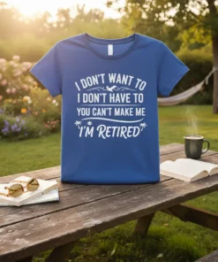 Blue t-shirt with white distressed text: "I DON'T WANT TO I DON'T HAVE TO YOU CAN'T MAKE ME I'M RETIRED"