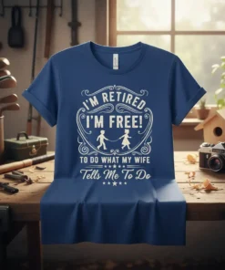 I'm Retired I'm Free To Do What My Wife Tells Me To Do text design on a blue t-shirt, featuring