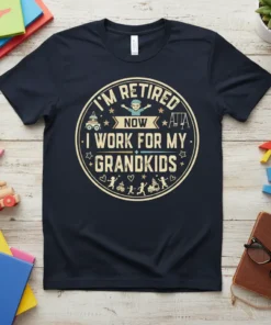 I'm Retired Now I Work For My Grandkids quote on a navy t-shirt with playful graphics of children playing