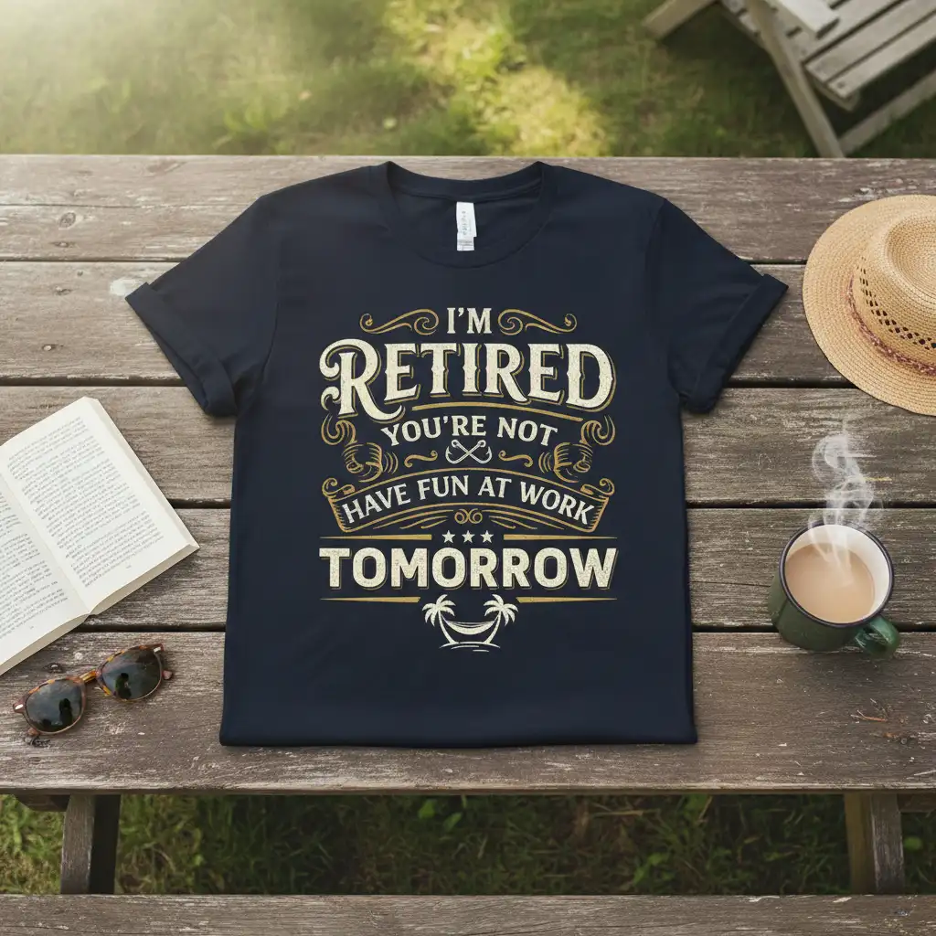 I'm Retired You're Not Have Fun At Work Tomorrow quote t-shirt design with vintage text and beach graphic