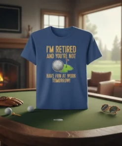 Retirement t-shirt with "I'm Retired And You're Not Have Fun At Work Tomorrow!" text and golf graphic