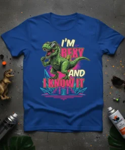 I'm Rexy And I Know It T-Shirt featuring a green T-Rex wearing sunglasses and bold text