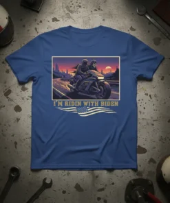 I'm Ridin With Biden text with motorcycle and American flag graphic on a blue t-shirt