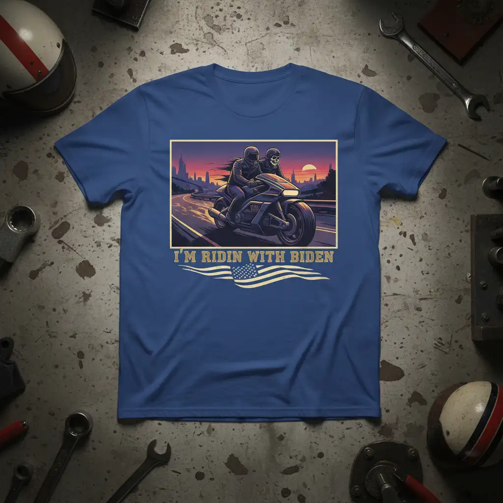 I'm Ridin With Biden text on a t-shirt with a motorcycle graphic and American flag